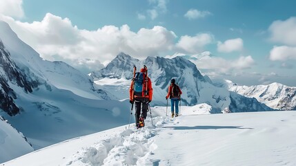 Two hikers trekking through snowy mountains under a blue sky.