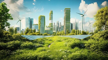 Obraz premium Renewable energy innovations showcased in a futuristic cityscape with solar panels and wind turbines urban green environment perspective