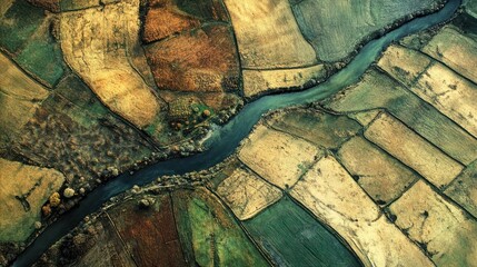 Aerial View of Vibrant Farmland with Meandering River and Patchwork Fields