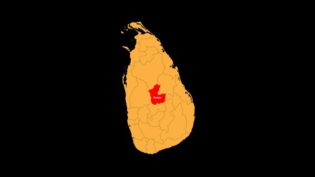 Matale map animated video. The location is highlighted on the Srilanka map. Colour map with transparent background in video format.