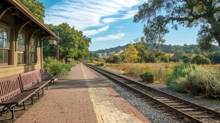Fototapeta premium Vintage Train Station in Serene Countryside Landscape