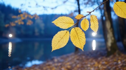 Obraz premium Autumn Leaves Branch Lake Dusk Serenity Nature Photography