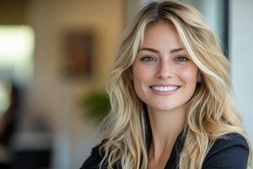 Beautiful Blonde Woman Smiling Portrait  Happy Female Model Headshot  Long Hair  White Tee