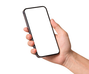 Hand showing smartphone with blank screen isolated on white background.
