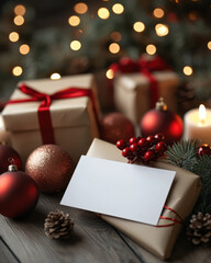 White blank Christmas card mockup with a Christmas themed interior background