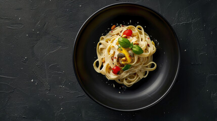 Minimalist image of Vegetarian Delight Fettuccine Alfredo with creamy Parmesan sauce, roasted vegetables, toasted pine nuts, and truffle oil.