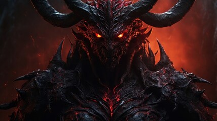 A terrifying, demonic creature with glowing red eyes and sharp horns. Its body is made of molten lava and its expression is fierce and angry.