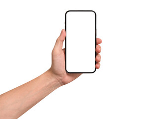 Hand showing smartphone with blank screen isolated on white background.
