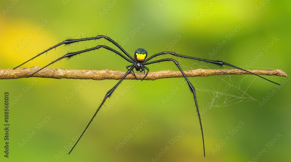 Poster close-up view of a strikingly colored spider with long legs posing on a stick surrounded by a softly