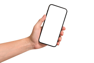 Hand showing smartphone with blank screen isolated on white background.