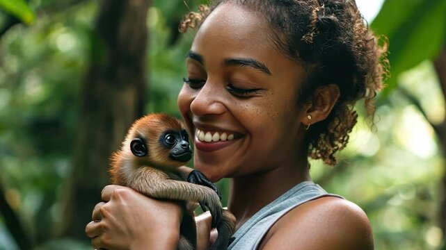 Asian woman holding a baby monkey in her arms She smiles and she is happy.