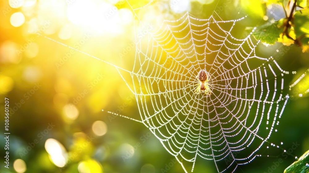 Poster captivating close-up of a delicate spider web glimmering with dew drops against a bright sunlit back