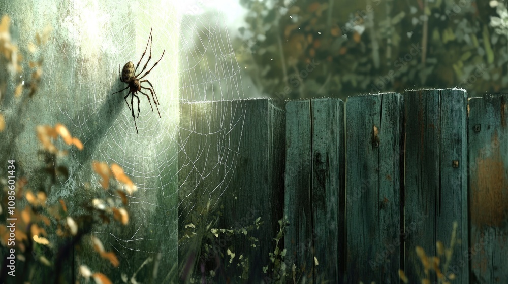 Poster detailed close-up of a spider on a web in a serene backyard setting surrounded by nature and rustic 