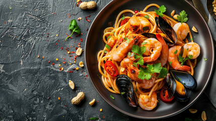 Top-down view of Asian Fusion Fettuccine Alfredo with miso-infused creamy sauce, grilled teriyaki chicken, snap peas, shiitake mushrooms, sesame seeds, and nori strips.