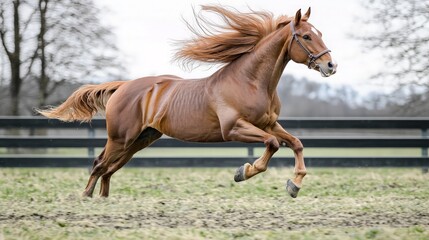 Obraz premium Chestnut horse with long flowing mane running in a paddock.