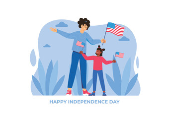 A woman and a child celebrate Independence Day with American flags in hand. Cheerful atmosphere with blue background and green plants. Vector illustration