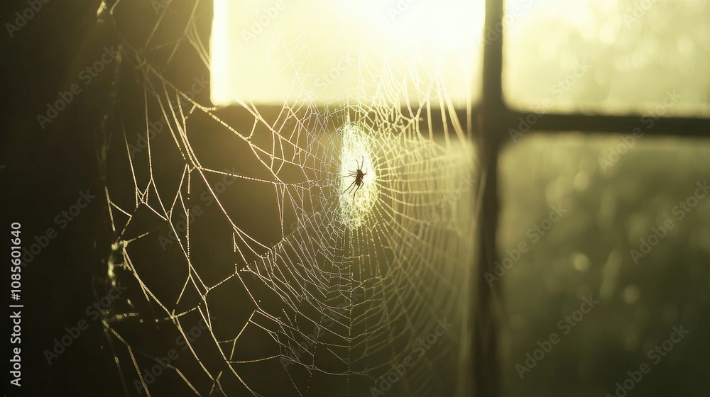 Poster close-up of a delicate spider web glimmering in soft natural light with a spider resting in the cent