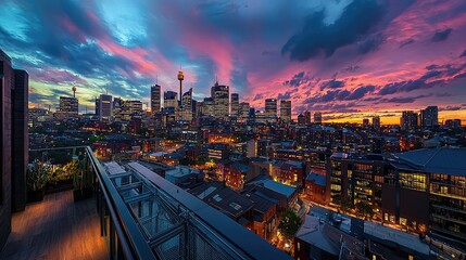 Fototapeta premium Panoramic Evening View of City from Rooftop