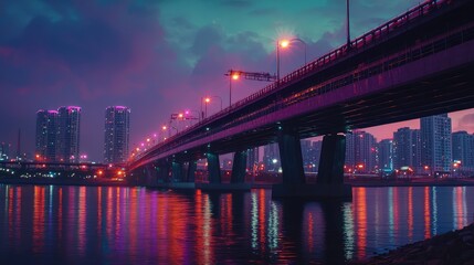 Naklejka premium Vibrant Evening Lights Over City Bridge
