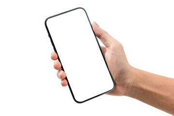 Hand showing smartphone with blank screen isolated on white background.