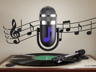 3d microphone with music note is symbol denoting a musical sound. mic record for music singing and audio tune or harmony tone concept. 3d microphone and melody notes icon vector render illustration