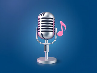 3d microphone with music note is symbol denoting a musical sound. mic record for music singing and audio tune or harmony tone concept. 3d microphone and melody notes icon vector render illustration