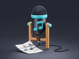 3d microphone with music note is symbol denoting a musical sound. mic record for music singing and audio tune or harmony tone concept. 3d microphone and melody notes icon vector render illustration