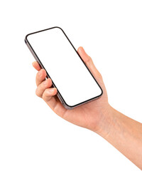 Hand showing smartphone with blank screen isolated on white background.