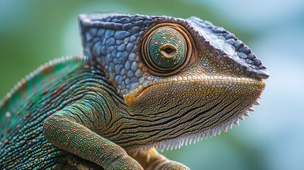 Fototapeta premium Close-up of a vibrant chameleon, showcasing its detailed scales and unique eye.
