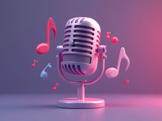 3d microphone with music note is symbol denoting a musical sound. mic record for music singing and audio tune or harmony tone concept. 3d microphone and melody notes icon vector render illustration