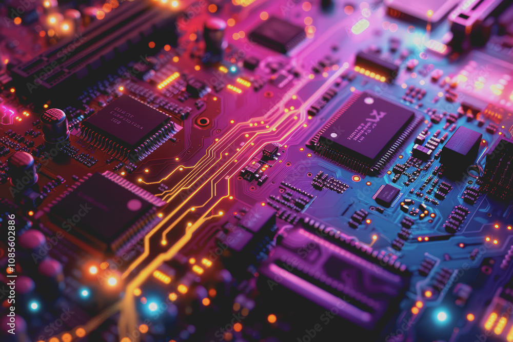 Poster futuristic advanced technology in bright colors data flows through the microchip and motherboard.