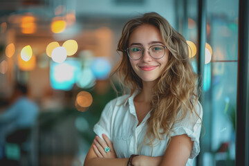 Young businesswoman standing with arms crossed and smiling confidently from consulting work.