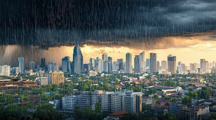 Fototapeta premium Dramatic rain over a city skyline at sunset.