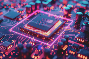 Futuristic advanced technology in bright colors Data flows through the microchip and motherboard.