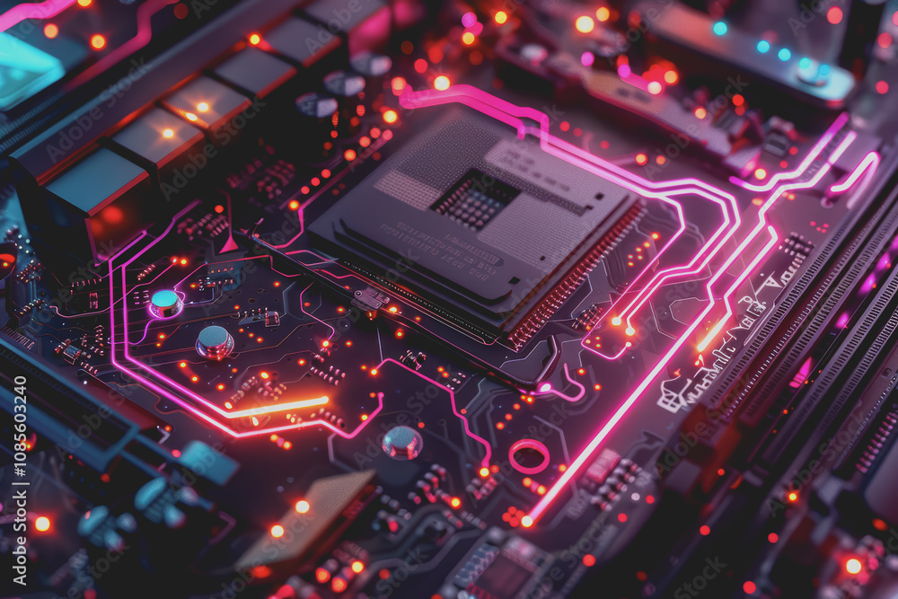 Poster futuristic advanced technology in bright colors data flows through the microchip and motherboard.