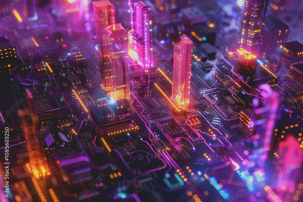 Poster futuristic advanced technology in bright colors data flows through the microchip and motherboard.