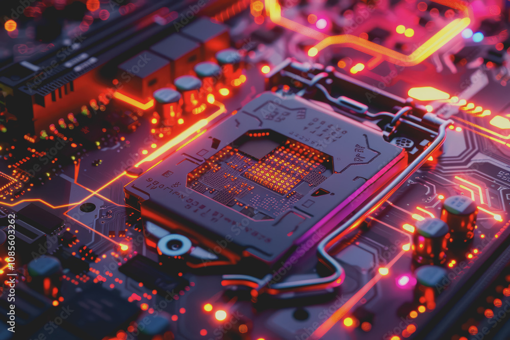 Aufkleber futuristic advanced technology in bright colors data flows through the microchip and motherboard.