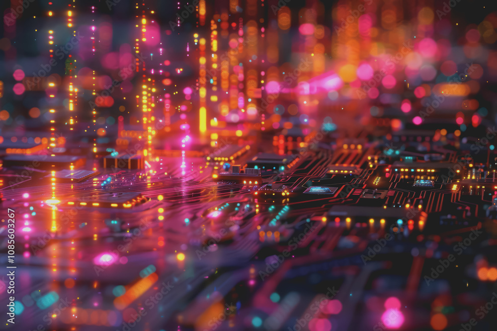 Poster futuristic advanced technology in bright colors data flows through the microchip and motherboard.
