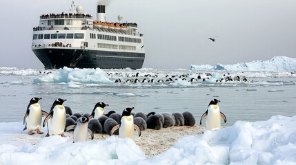 Emperor penguins on Antarctic ice with a cruise ship in the background.