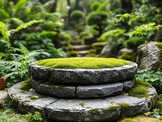 Eco Stone Podium with Moss in Nature, Lush Plants & Bonsai Trees