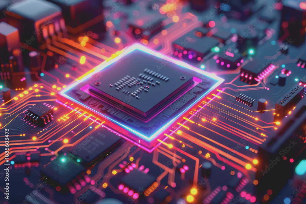 Poster futuristic advanced technology in bright colors data flows through the microchip and motherboard.