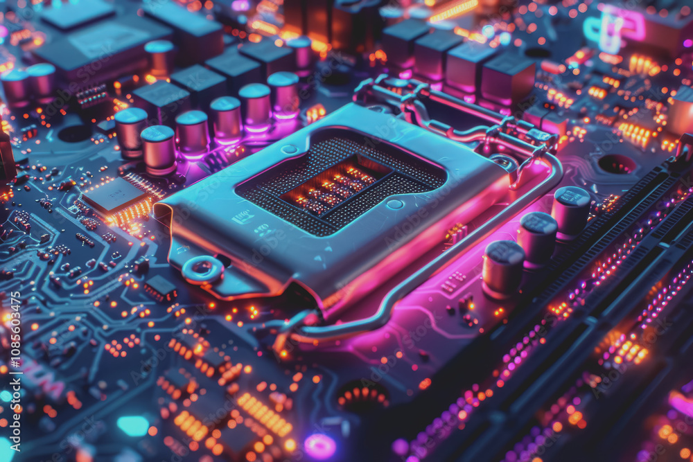 Poster futuristic advanced technology in bright colors data flows through the microchip and motherboard.