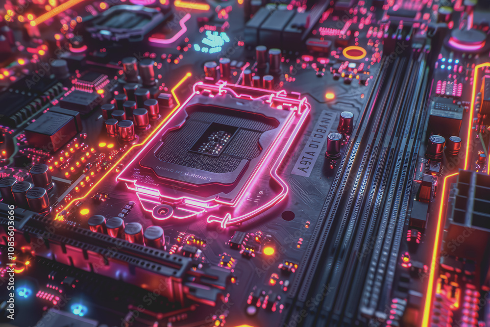 Poster futuristic advanced technology in bright colors data flows through the microchip and motherboard.
