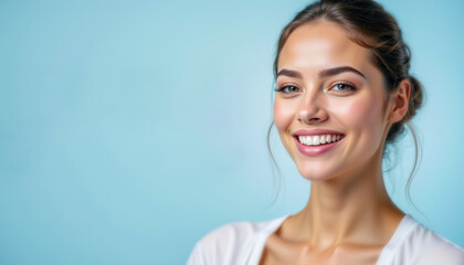 Professional Dental Care Banner featuring a stunning young woman with a radiant, healthy smile against a fresh light blue background. Ideal for promoting dental service.