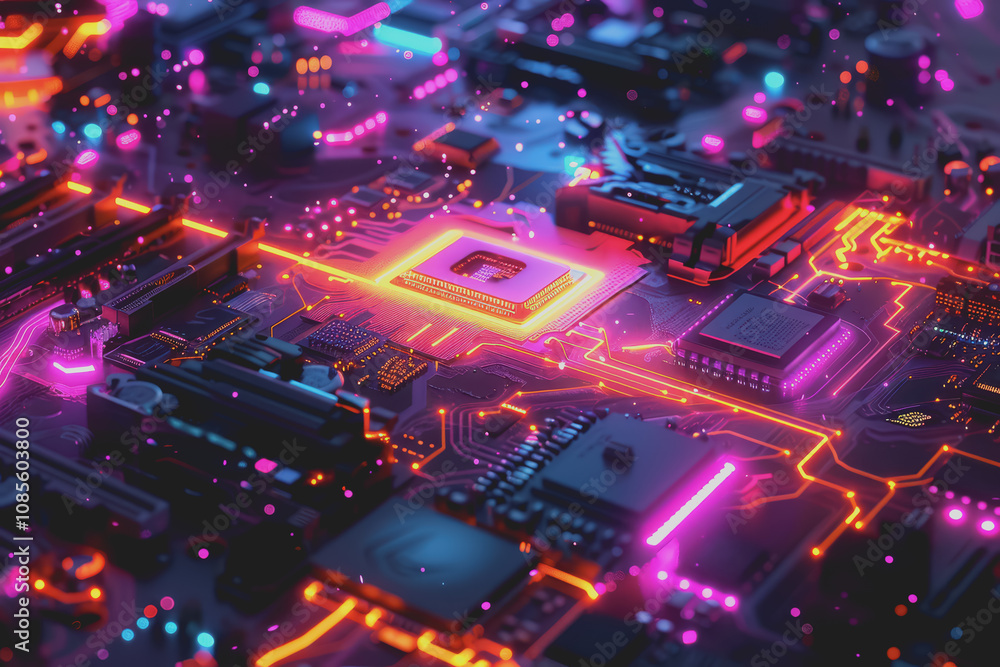 Poster futuristic advanced technology in bright colors data flows through the microchip and motherboard.