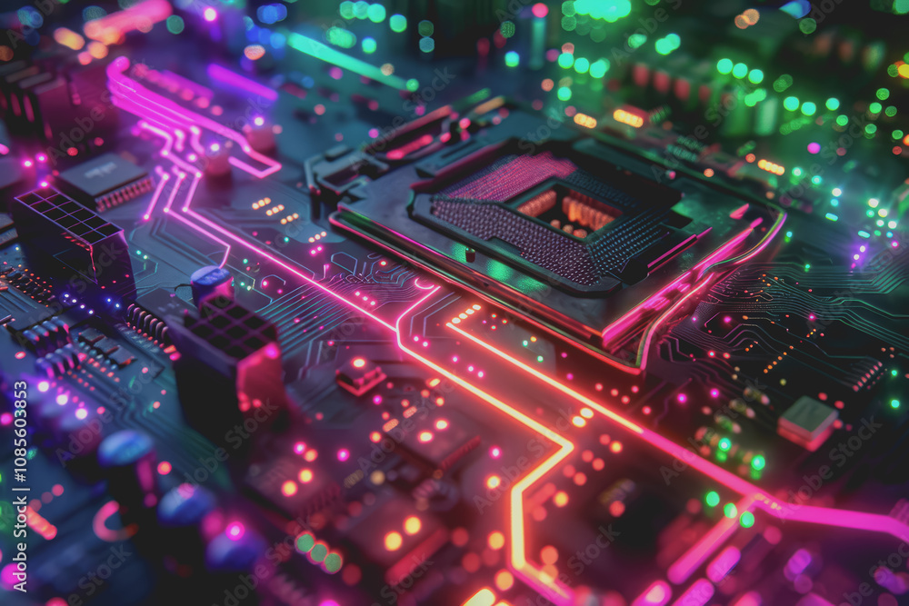 Poster futuristic advanced technology in bright colors data flows through the microchip and motherboard.