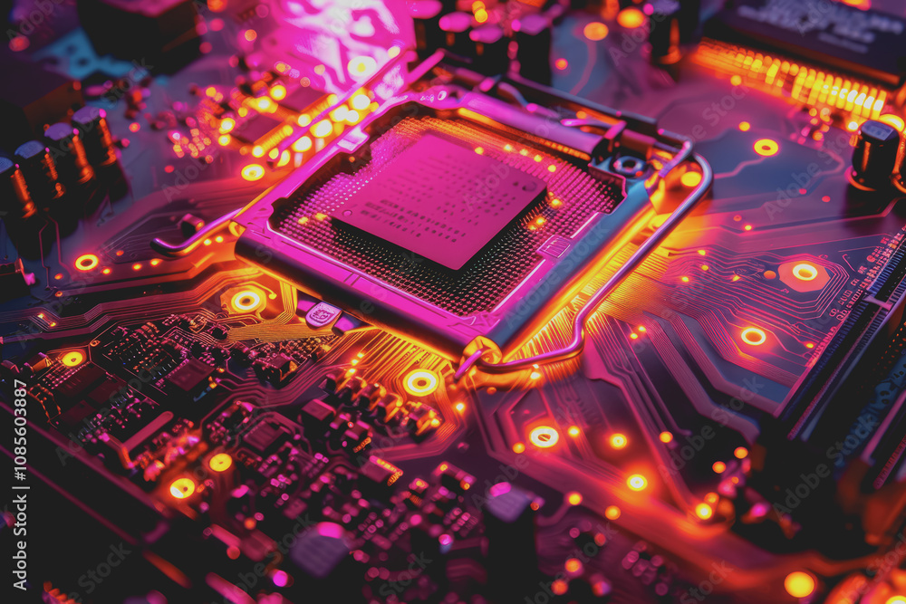 Poster futuristic advanced technology in bright colors data flows through the microchip and motherboard.