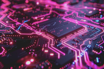Obraz premium Futuristic advanced technology in bright colors Data flows through the microchip and motherboard.