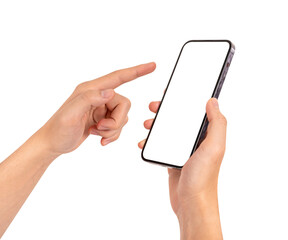 Hand showing smartphone with blank screen isolated on white background.