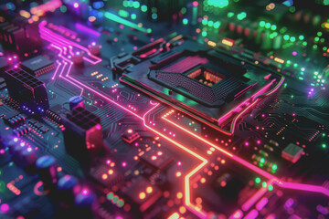 Obraz premium Futuristic advanced technology in bright colors Data flows through the microchip and motherboard.